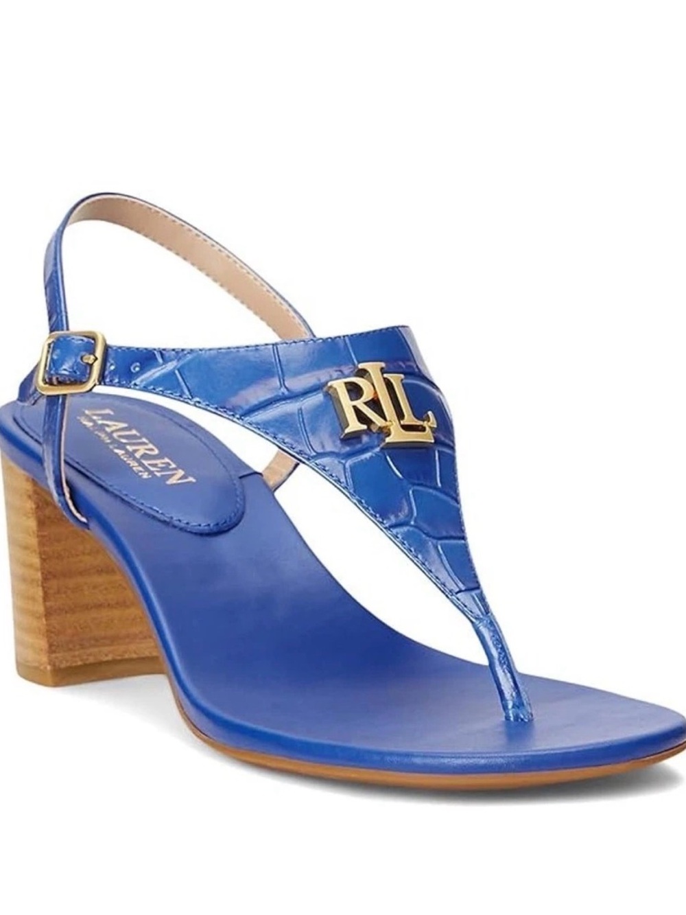 Lauren Ralph Lauren Women 7.5 Blue Leather Croc Block Heel Sandals